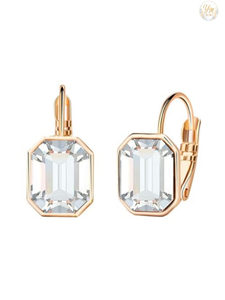Octagon Crystal Leverback Drop Earrings 14k Rose Gold Plated Hypoallergenic